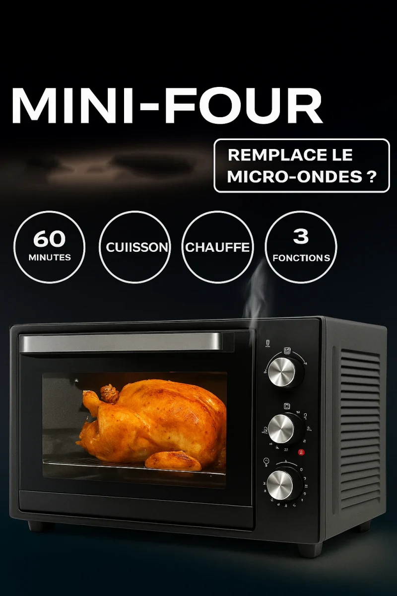 Mini-four 15L avec GRILL ET DOUBLE vitre noir, tourne broche,réglage de la température 100-250°, minuterie 1